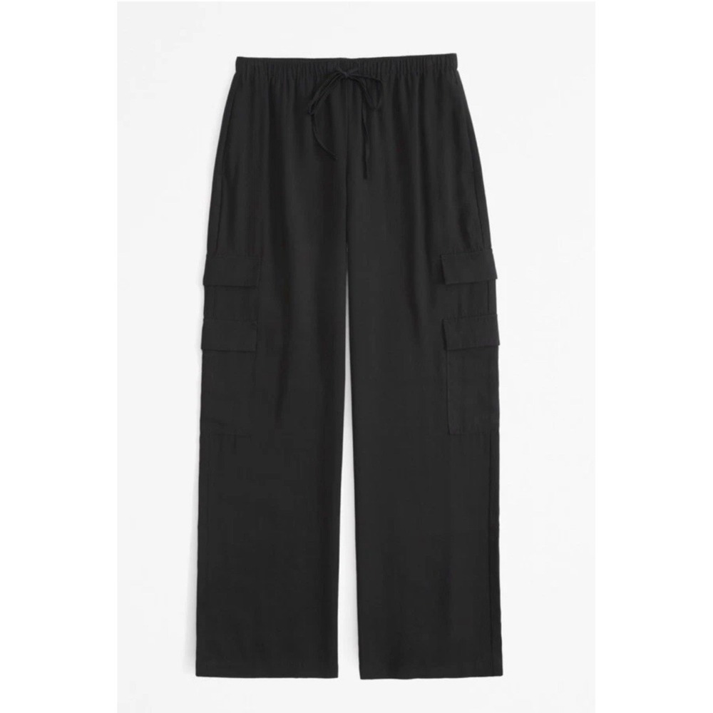 Abercrombie & Fitch Black Cargo Pants L Short Elastic Waist Wide Leg Pockets - Picture 4 of 16